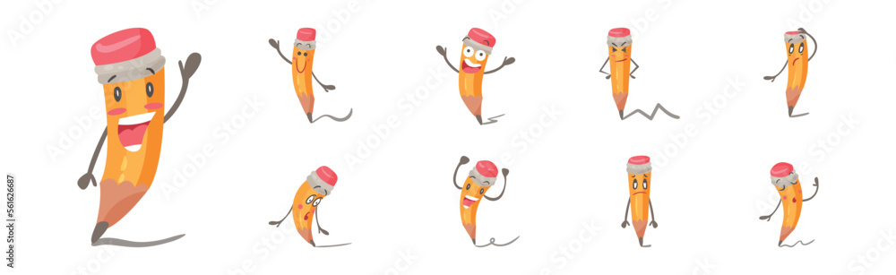 Poster funny pencil character with face and arms drawing line with graphite end vector set