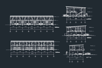 Detailed townhouse section, floor plans, apartments layout. Vector blueprint for architectural vector
