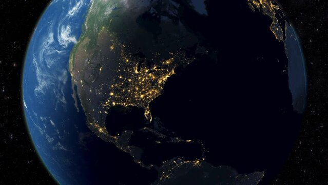 Realistic Earth rotating. Day to night transition as seen from space. Glowing bright cities lights shine at North America.united states of america map.North america map.