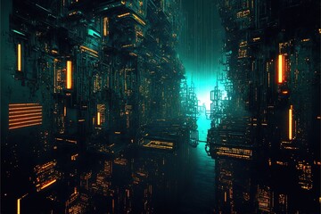 Science fiction abstract digital matrix. Sci-fi platform, neon. AI