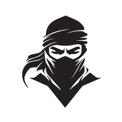 Ninja vector icon. Simple minimal logo of a hooded assassin. Isolated japanese warrior. Stealth character. Asian martial artist. Flat shaped samurai. Cartoon graphic. Isolated man looking angry.