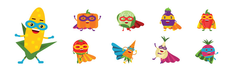 Funny Juicy Vegetables in Superhero Cloak and Cape Vector Set