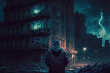 illustration numérique d'un personnage de dos devant un bâtiment en ruine, de nuit, ambiance sombre et menaçante