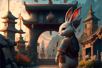 rabbit with armour, temple gate chinese new year 2023