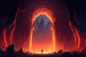 illustration de fantasy, personnage médiéval dans un décor e porte des enfers géante en magma rouge épique
