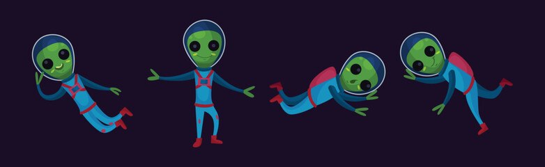Cute Green Aliens In Space Suits with Friendly Smiling Faces Vector Set