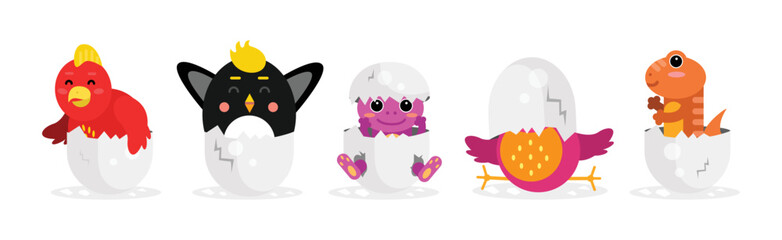 Chick and Reptile Hatching from Cracked Egg Shell Vector Set