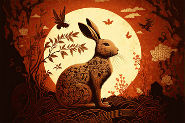 decorative rabbit with lunar chinese new year art background vintage