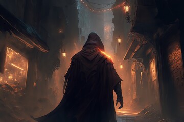 illustration de fantasy, personnage avec une cape et capuche de dos, magicien dans une ville médiévale