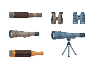 Set of optical equipment. Telescope, binoculars, spyglass cartoon vector illustration