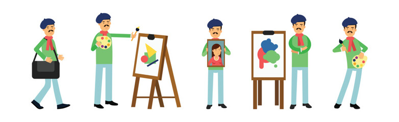 Man Artist in Beret with Mustache Drawing Paintings on Canvas with Easel Vector Set