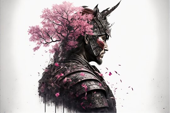 illustration, dessin &agrave; l'encre et peinture, portrait japonais d'un guerrier avec un cerisier