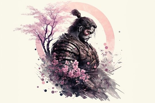 illustration, dessin &agrave; l'encre et peinture, portrait japonais d'un guerrier avec un cerisier