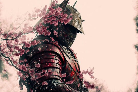 illustration, dessin &agrave; l'encre et peinture, portrait japonais d'un guerrier avec un cerisier