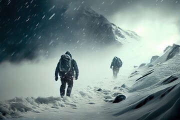 deux alpinistes avancent dans une tempête de neige sur une montagne