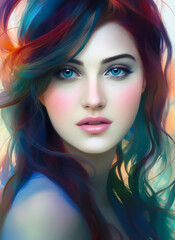 Digital portrait of a beautiful face. Artistic Illustration of a beautiful girl. Beautiful woman painting. Generative AI