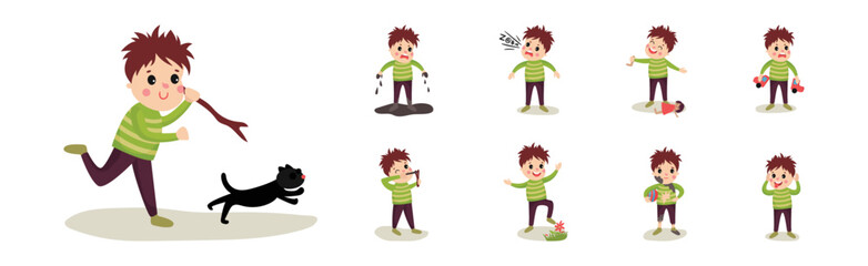 Naughty Little Boy Playing and Misbehaving Vector Set
