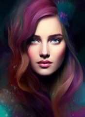 Obraz premium Digital portrait of a beautiful face. Artistic Illustration of a beautiful girl. Beautiful woman painting. Generative AI