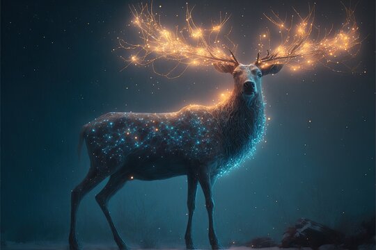 illustration numérique d'un cerf magique lumineux dans la nuit