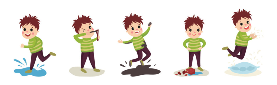 Naughty Little Boy Playing and Misbehaving Vector Set