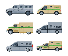 Obraz premium Money collector armored trucks and van cars set. Banking and transportation of valuables flat vector illustration