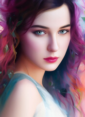 Naklejka premium Portrait painting of a beautiful woman. Illustration of a beautiful girl. Conceptual closeup of an painting. Beautiful woman painting. Generative AI