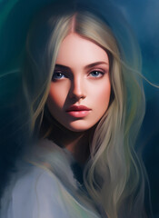 Portrait painting of a beautiful woman. Illustration of a beautiful girl. Conceptual closeup of an painting. Beautiful woman painting. Generative AI