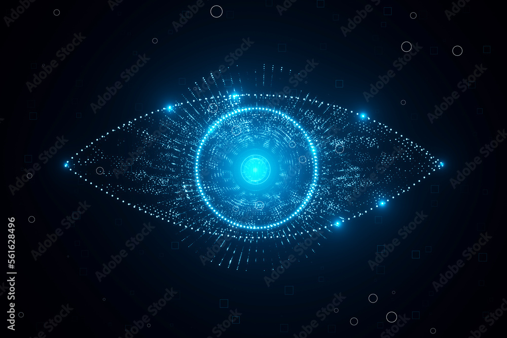 Poster Glowing digital polygonal eye on dark background. Digital revolution concept. 3D Rendering.