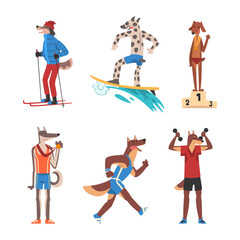 Dogs doing sports set. Dog skiing, surfboarding, running, exercising with dumbbells cartoon vector illustration