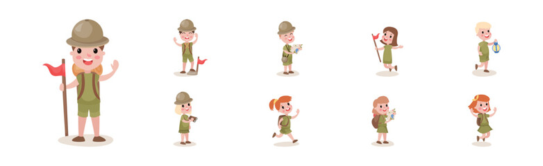 Happy Kids Scout with Flag and Backpack Hiking Enjoying Outdoor Adventure Vector Set