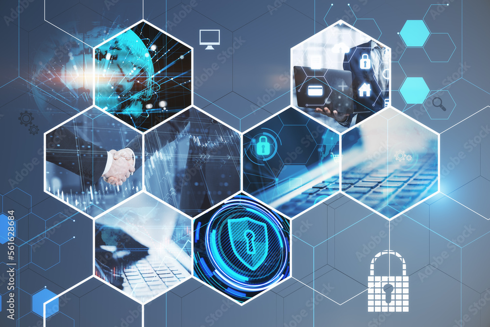 Poster creative business hexagons with different digital work concepts on blurry background. double exposur