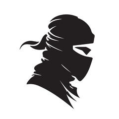 Ninja vector icon. Simple minimal logo of a hooded assassin. Isolated japanese warrior. Stealth character. Asian martial artist. Flat shaped samurai. Cartoon graphic. Isolated man looking angry. © Fortis Design
