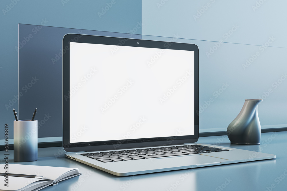 Poster Close up of empty white laptop screen on blue office desktop with supplies and mock up place. Workspace concept. 3D Rendering.