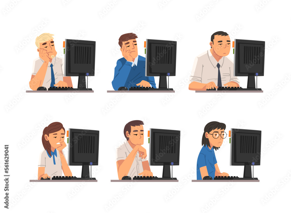 Poster set of people working at computers. office employees with bored expressions sitting at desks in fron