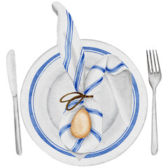 Easter table decor with ceramic easter decorated plate and easter egg decorated with napkin, knife and fork. Transparent background PNG
