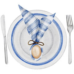 Easter table decor with ceramic easter decorated plate and easter egg decorated with napkin, knife and fork. Transparent background PNG