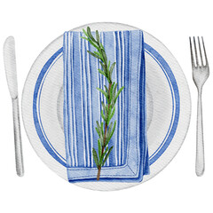 Easter table decor with ceramic decorated plate blue table napkin, rosemary, knife and fork. Transparent background PNG