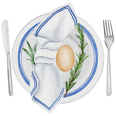 Easter table decor with ceramic easter decorated plate and easter egg decorated with napkin, rosemary, knife and fork. Transparent background PNG