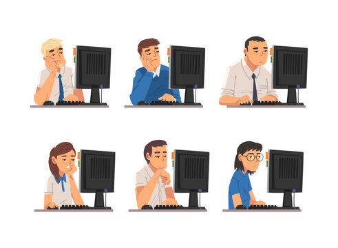 Set of people working at computers. Office employees with bored expressions sitting at desks in front of computer screen cartoon vector illustration