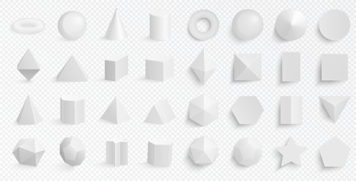 Set of white geometric solids realistic basic 3d shapes. Three dimensional figures vector illustration