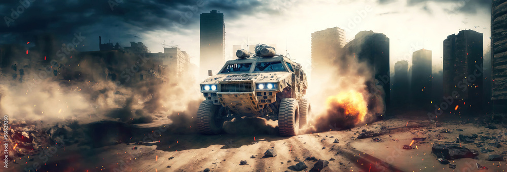 Wall mural generic military armored vehicle crosses mine fields fire and smoke in the desert, wide poster design with copy space area