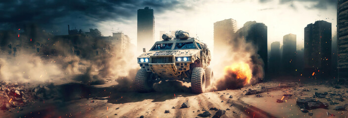 generic military armored vehicle crosses mine fields fire and smoke in the desert, wide poster design with copy space area - obrazy, fototapety, plakaty