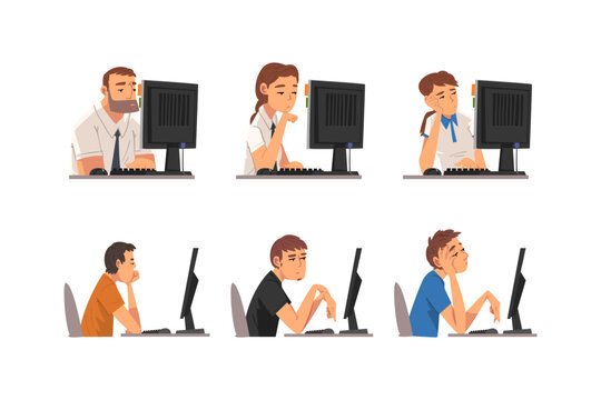 Set of people working at computers. Male and female office employees with bored expressions sitting in front of computer screen cartoon vector illustration