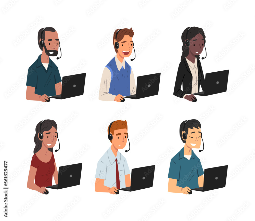 Aufkleber support service operators or hotline workers with headsets consulting customers set. customer servic