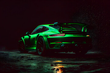  Modern green sports car on a black background.  Generative AI.