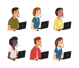 Support service operators with headsets consulting customers set. Customer service, call center, hotline cartoon vector illustration