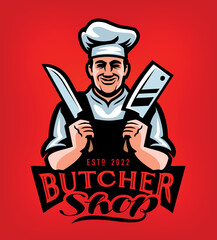 Chef with meat knives in hands. Butcher shop logo emblem for design. Farm food badge. Vector illustration