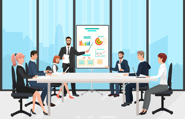 Business people meeting on conference in board room. Cartoon team of professional corporate managers training with leader, businessman showing presentation flat vector illustration. Seminar concept