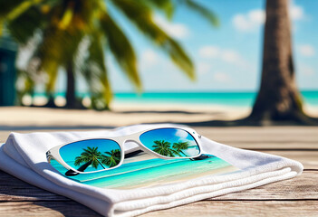White towel and dark glasses on tropical beach..