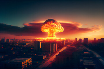 Fototapeta  Nuclear explosion in the city.   Atomic weapons and the apocalypse.  Generative AI. obraz